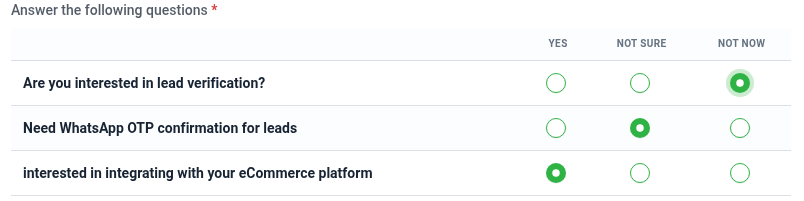 CollectX form preview: table of discovery questions with Yes, Not sure, and Not now columns for lead verification, WhatsApp OTP, and eCommerce integration interest.