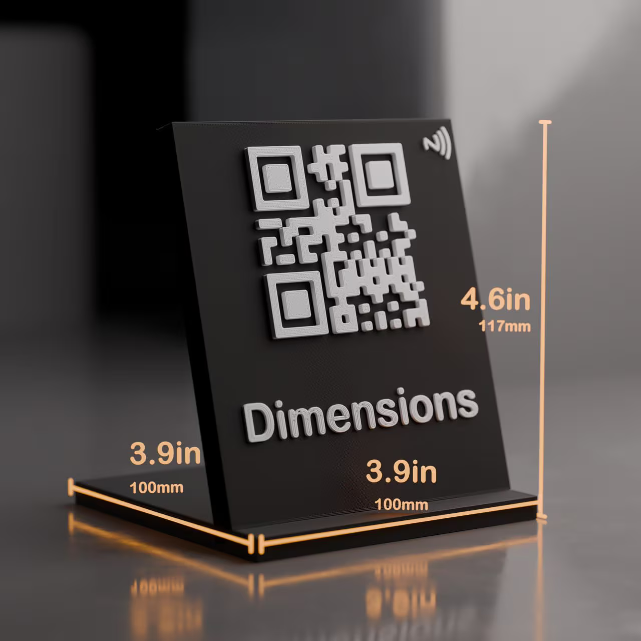 ShopShort Branch QR stand concept: compact black stand with large QR code for per-product scanning in-store, with dimension callouts.