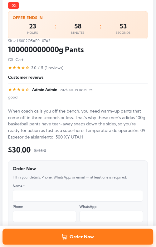 ShopShort mobile product page with offer timer, order form, and Order Now