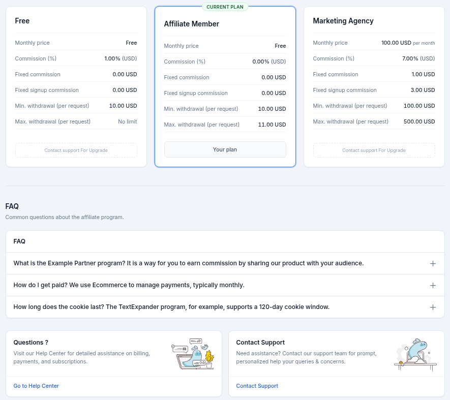 Affiliate plans and FAQ content management