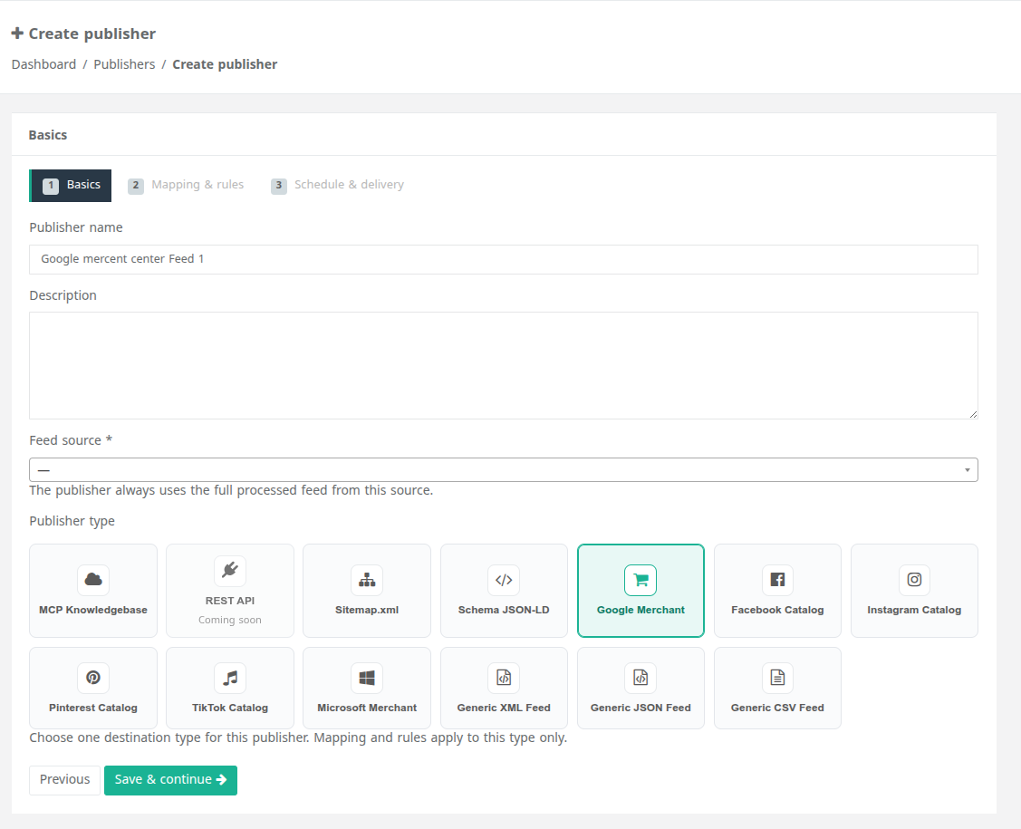 Publisher creation wizard showing destination selection and format mapping.