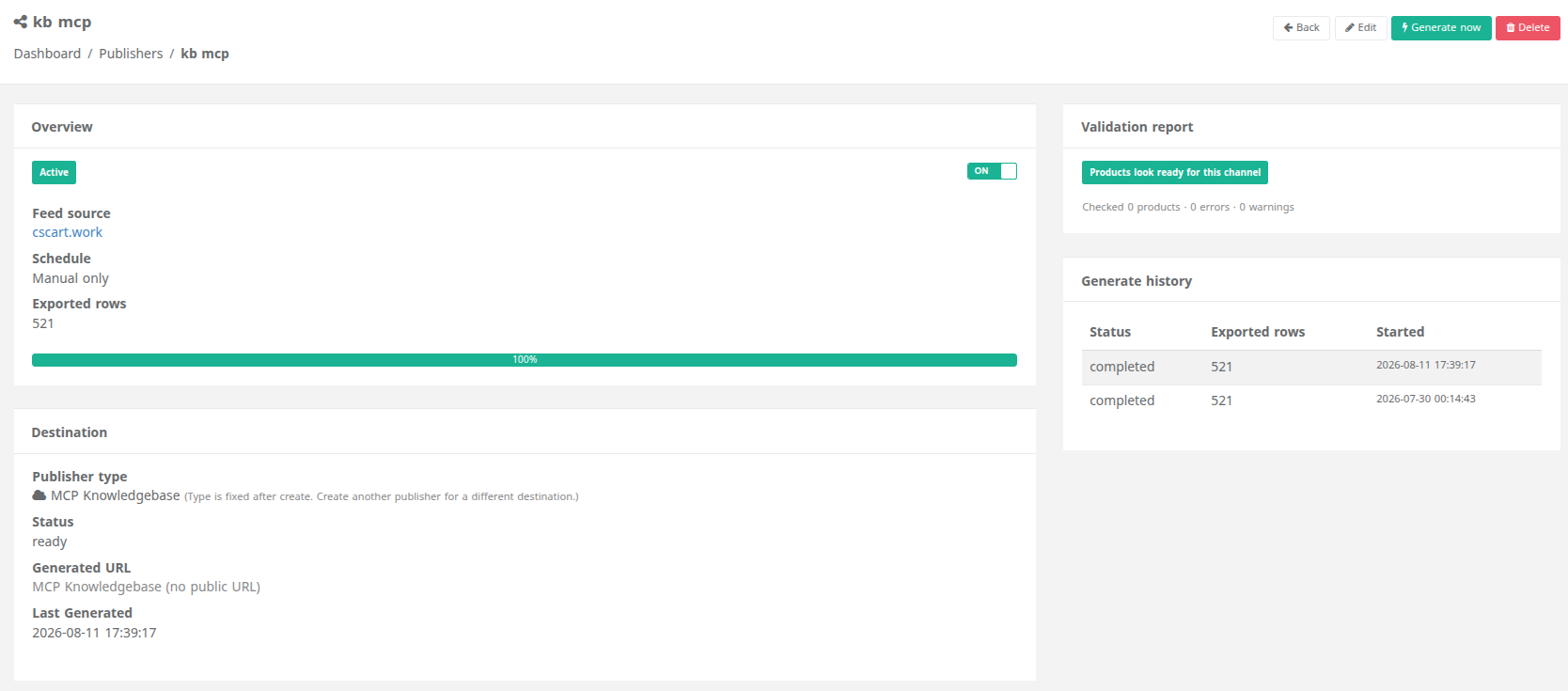 Publisher dashboard showing delivery status, last run times, and channel performance.